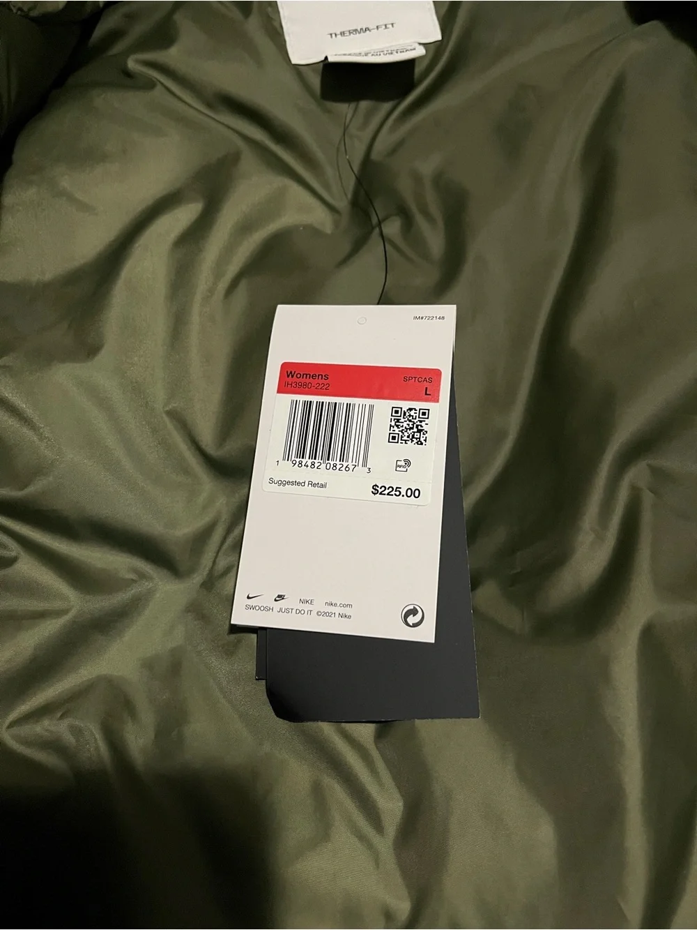 $225 Nike Swoosh Series Down Vest IH3980-222 Olive Green Oversized Women Size L